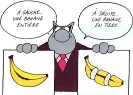 Blague : « À gauche, une banane entière ; à droite, une banane en tiers » (fractions)